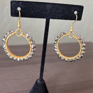 Faceted Hematite Czech Glass Hoop Earrings NWT‎